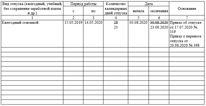 Отражаем перенос отпуска в личной карточке работника (образец)