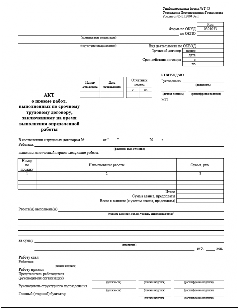 Какой трудовой акт. Форма т-73. Унифицированная форма т-73. Специализированная форма ФМУ-73. Акт формы ФМУ-73.