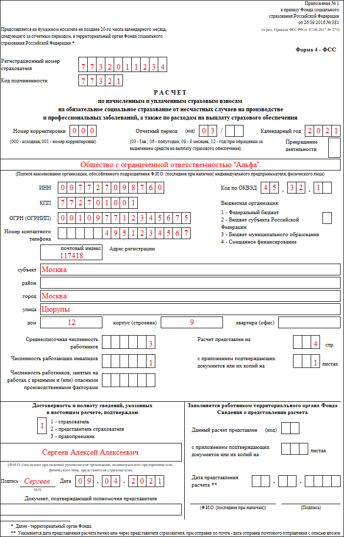 Образец заполнения фсс 1