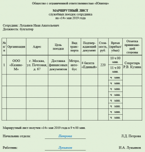 Образец маршрутного листа служебных поездок
