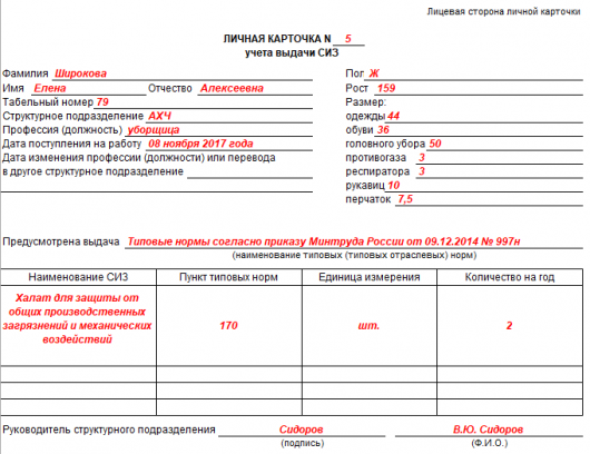 Карточка выдачи сиз образец заполнения