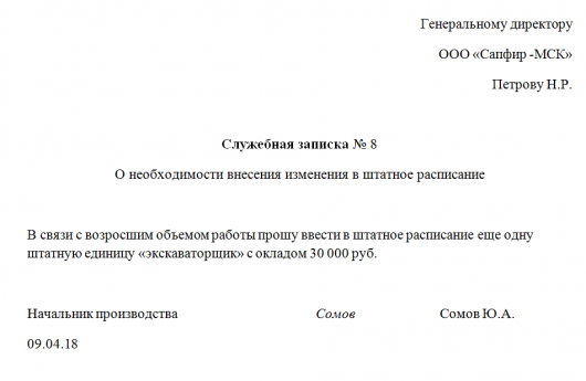 Образец служебной записки на увеличение штата сотрудников