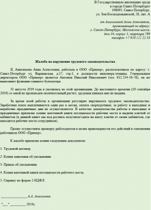 Образец жалобы в трудовую инспекцию на работодателя о нарушении трудовых прав