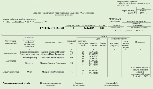 Дополнение к графику отпусков образец