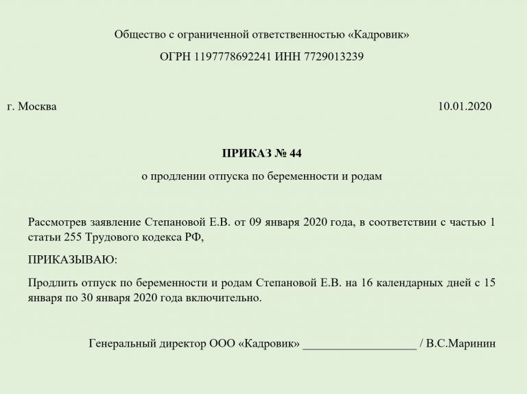 Приказ о предоставлении отпуска по беременности и родам образец 2020